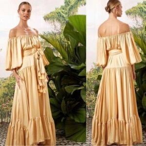 NWT [SET] Erika Pena Bettina Maxi Dress S/M Gold Metallic + Rumba Tassel Belt